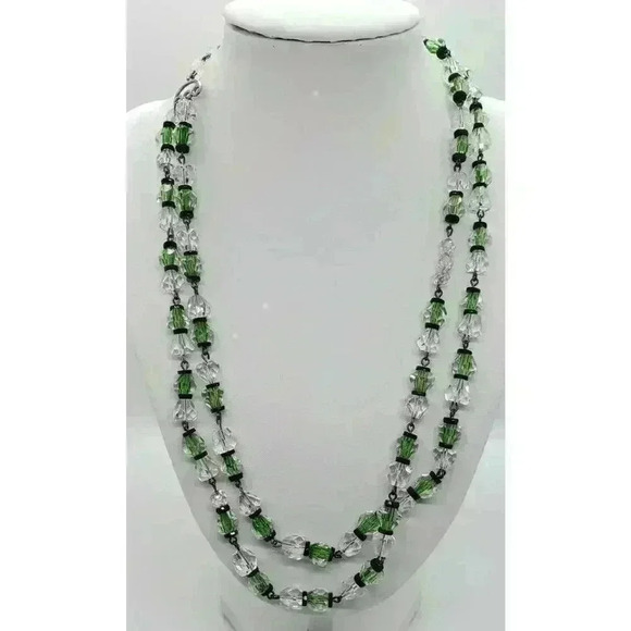 Vintage Necklace Crystal Baroque Beads 1940 Choker Clear Faceted Green Core - Picture 1 of 12